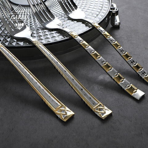 201 stainless steel dinner fork with gold engraved and laser pattern handle