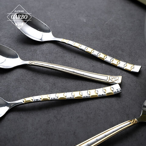 China flatware factory luxury design stainless steel dinner spoon with gold e-plating handle