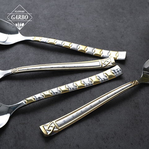 China flatware factory luxury design stainless steel dinner spoon with gold e-plating handle
