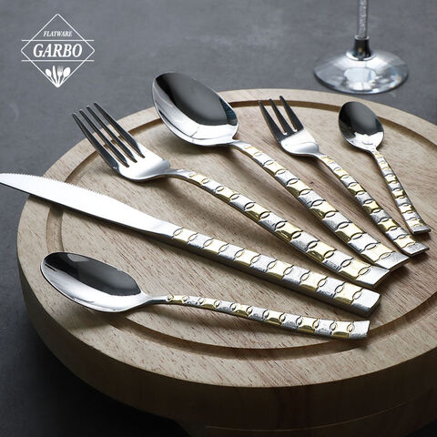 Laser Gold Plating Handle Makan Malam Sendok Garpu Stock Mirror 201 Stainless Steel Sendok Garpu Set