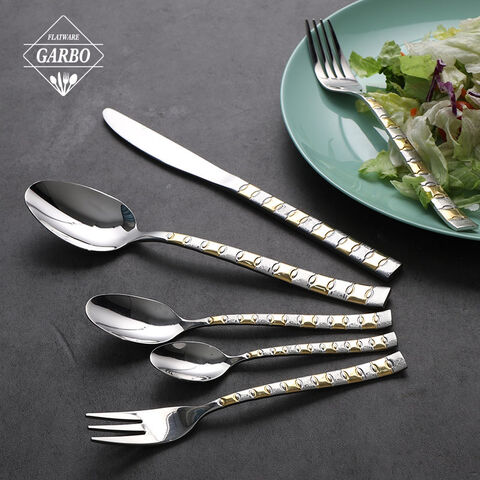 Laser Gold Plating Handle Dinner Flatware Stock Mirror 201 Stainless Steel Cutlery Set