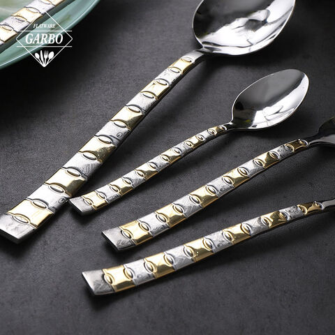 Laser Gold Plating Handle Dinner Flatware Stock Mirror 201 Stainless Steel Cutlery Set