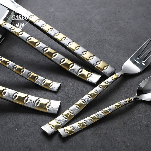 Laser Gold Plating Handle Dinner Flatware Stock Mirror 201 Stainless Steel Cutlery Set