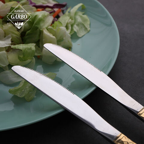 Luxury modern silver stainless steel dining knife with gold plating handle