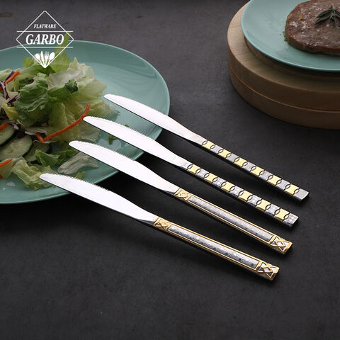 Luxury modern silver stainless steel dining knife with gold plating handle