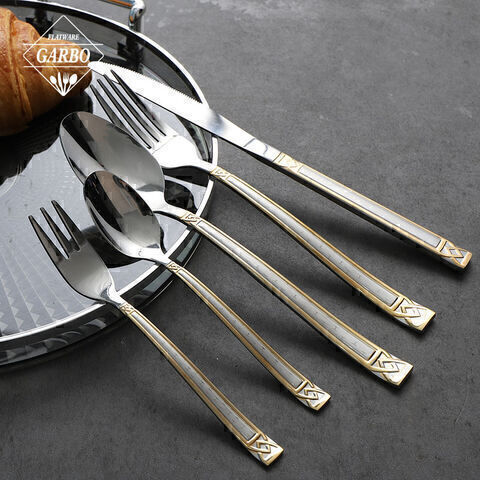 Luxury silver 5-piece stainless steel cutlery set na may gold plated at laser etched handle