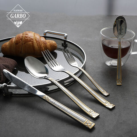 Luxury silver 5-piece stainless steel cutlery set with gold plated and laser etched handles
