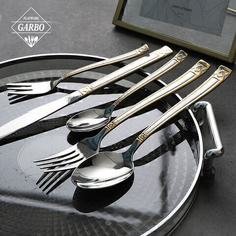 Luxury silver 5-piece stainless steel cutlery set with gold plated and laser etched handles