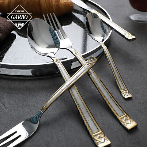 Luxury silver 5-piece stainless steel cutlery set with gold plated and laser etched handles