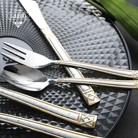 Luxury silver 5-piece stainless steel cutlery set with gold plated and laser etched handles