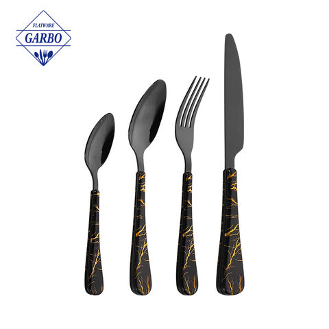 Set Peralatan Makan Stainless Steel Warna Tembaga Grosir dengan Gagang Marmer Antik