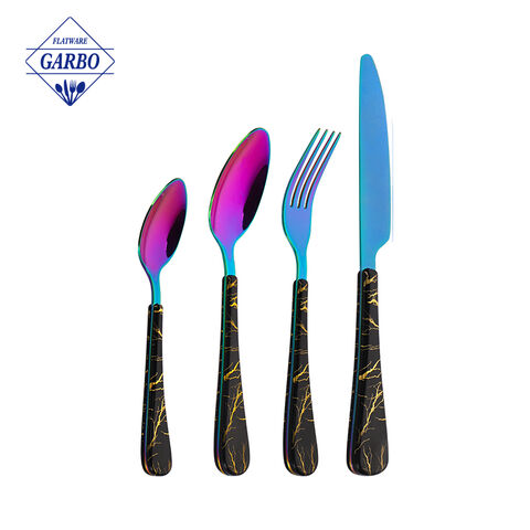 Set Peralatan Makan Stainless Steel Warna Tembaga Grosir dengan Gagang Marmer Antik