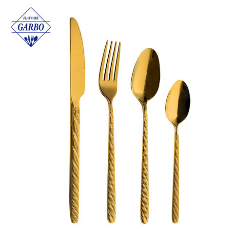 2023 New arrival Gold Titanium-plated dinner fork with embossed handle