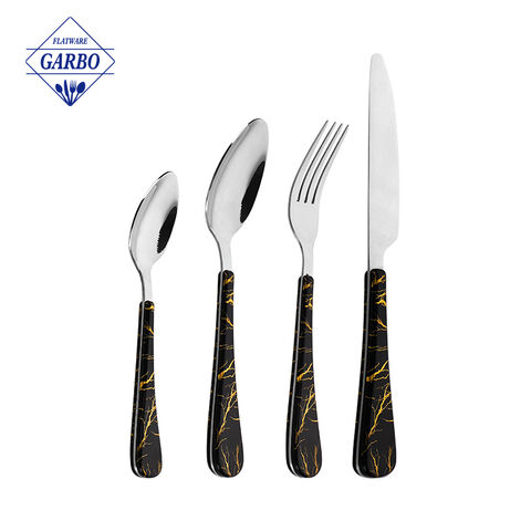 Marble design handle cutlery set black electroplating sliverware sets 