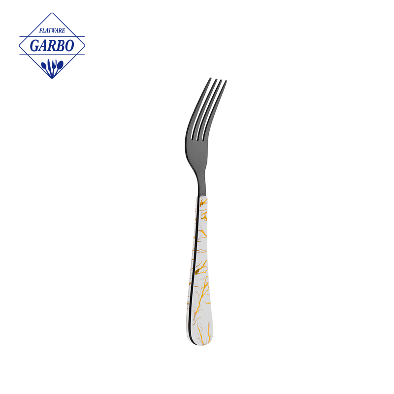 Black elecroplating dinner fork  with plastic handle marble design 410 materials 