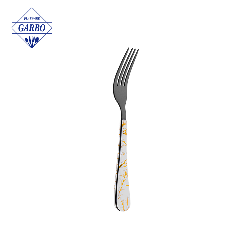 Itim na elecroplating dinner fork na may plastic handle na marble design 410 na materyales