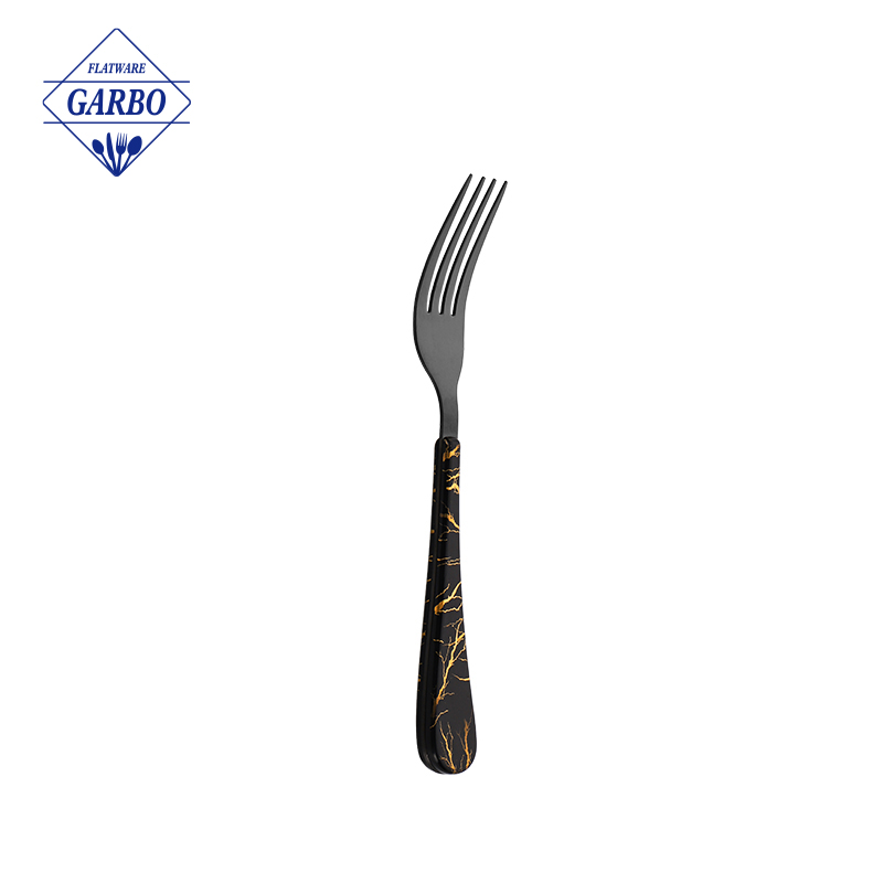 Black elecroplating dinner fork  with plastic handle marble design 410 materials 