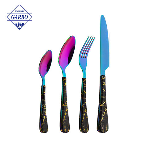 Wholesale Marble Designed Plastic Handle Stainless Steel Cutlery Set with PVD Rainbow Color