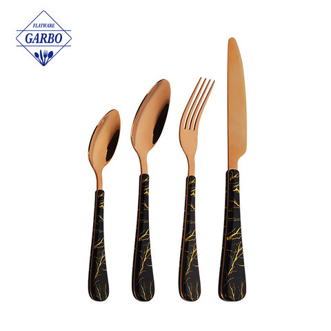 Wholesale Marble Designed Plastic Handle Stainless Steel Cutlery Set with PVD Rainbow Color