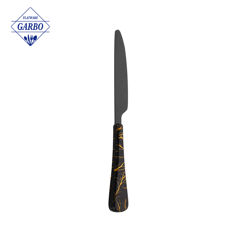 Cuchillo de cena de acero inoxidable afilado negro con mango de plástico de mármol popular al por mayor PVD