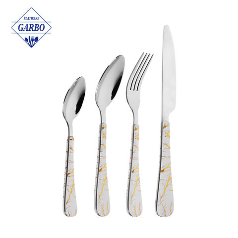 Wholesale Cheap Price Marble Designed ABS Handle 16pcs 24pcs Mirror Stainless Steel Cutlery Set