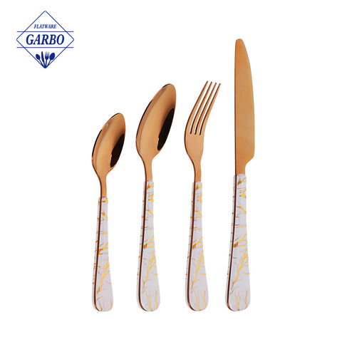 Set Peralatan Makan Stainless Steel Warna Tembaga Grosir dengan Gagang Marmer Antik