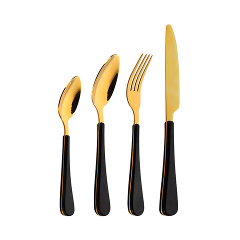 4-Piece Gold Electroplated Stainless Steel Cutlery Set dengan Pegangan Plastik ABS
