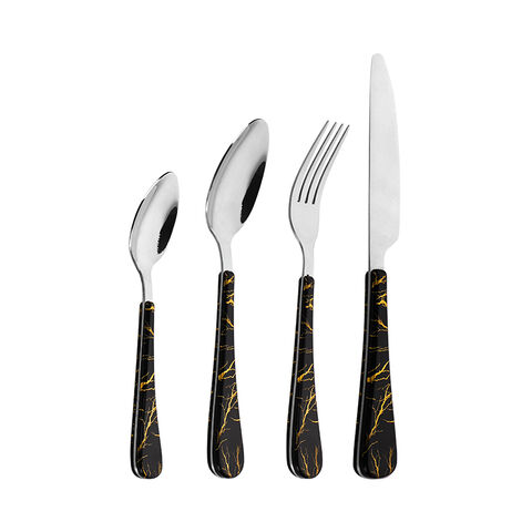 4-Piece Gold Electroplated Stainless Steel Cutlery Set dengan Pegangan Plastik ABS