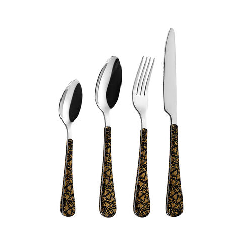 4-Piece Gold Electroplated Stainless Steel Cutlery Set dengan Pegangan Plastik ABS