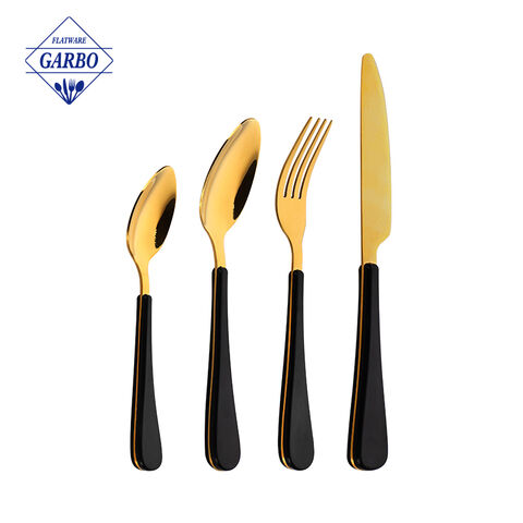 Wholesale Factory Direct 16pcs 24pcs PVD Golden Mirror Stainless Steel Cutlery Set with Black Handle