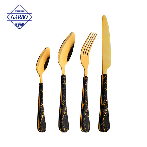 Grosir Pabrik Langsung 16pcs 24pcs PVD Golden Mirror Stainless Steel Sendok Garpu Set dengan Gagang Hitam