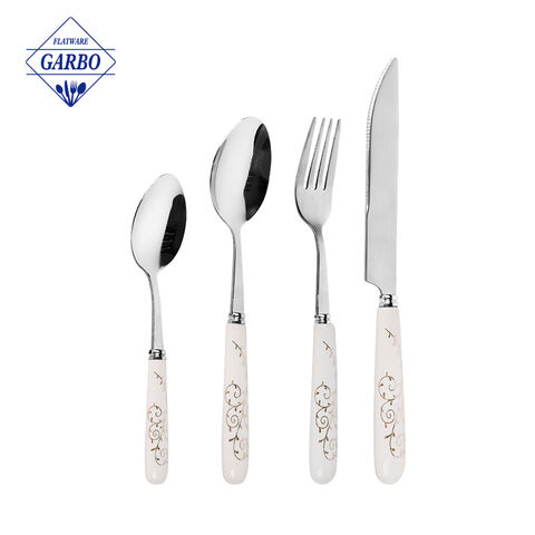 Bagong Design 24-Piece Stainless Steel Flatware Set na may Ceramic Handle Wholesale Cutlery