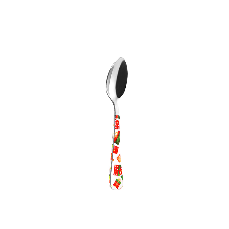 410 stainless steel material silver spoon with printed pattern and plastic handle