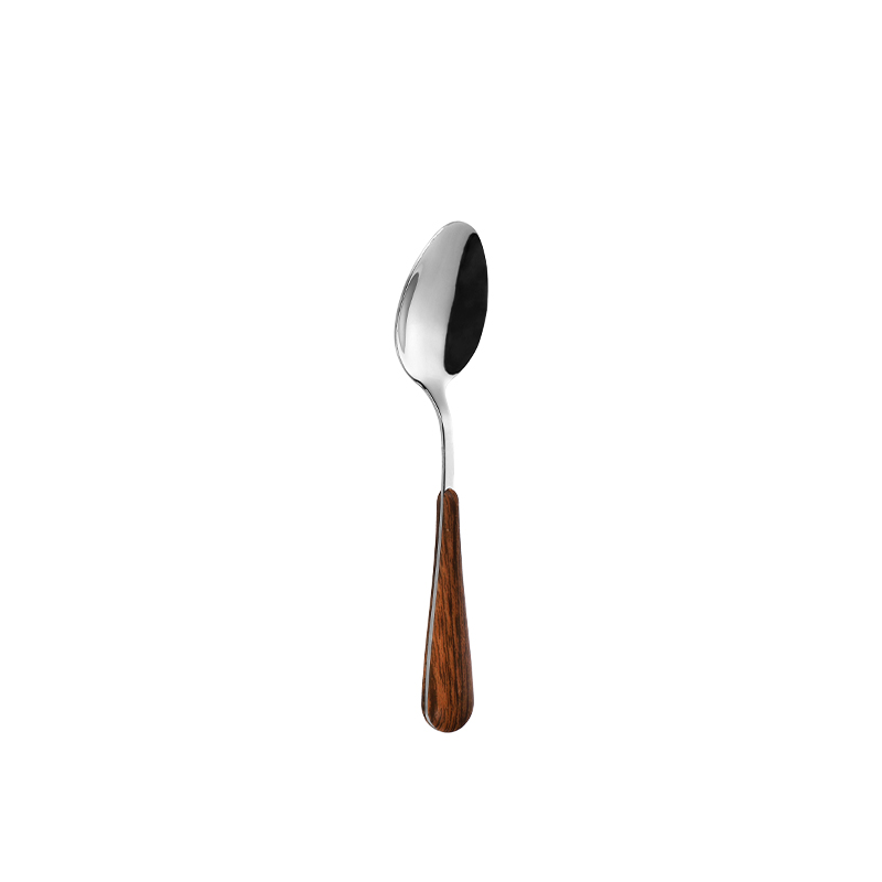 Chinese-made silver stainless steel tea spoon with wood grain plastic handles