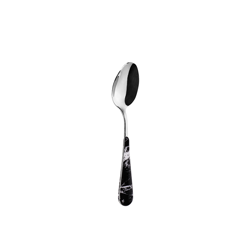 Chinese-made silver stainless steel tea spoon with wood grain plastic handles