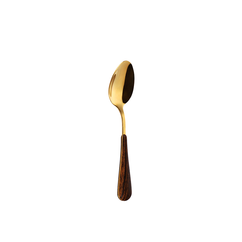 Chinese-made silver stainless steel tea spoon with wood grain plastic handles