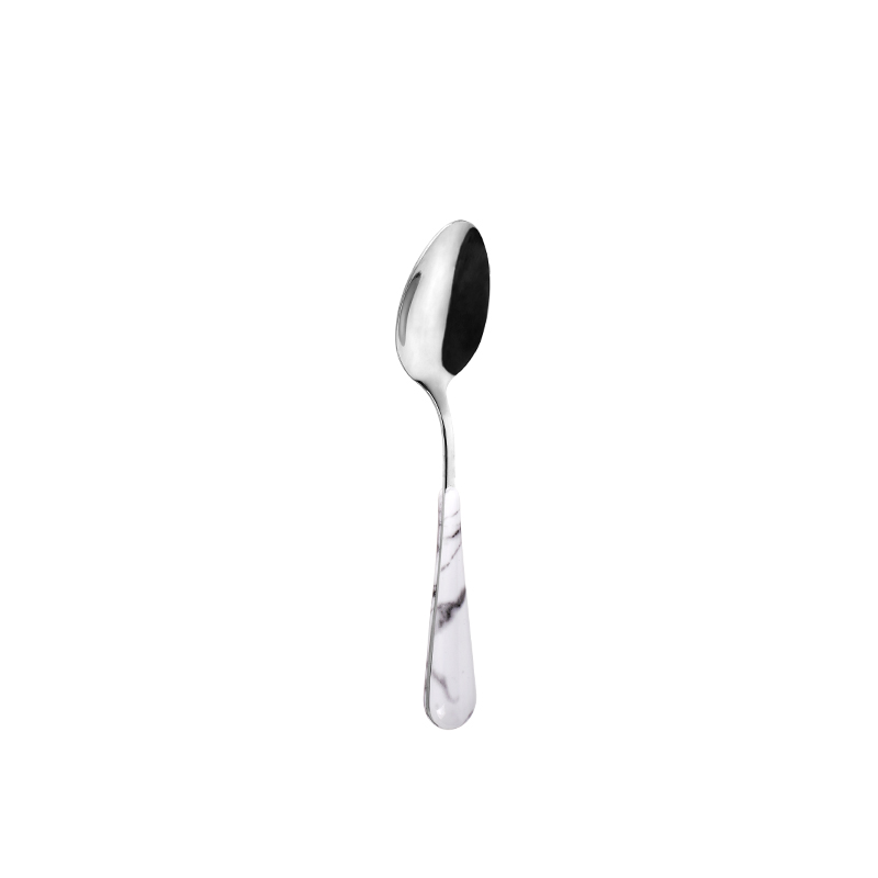 Chinese-made silver stainless steel tea spoon with wood grain plastic handles
