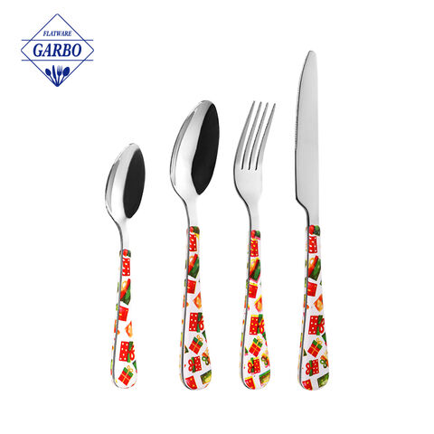 Affordable Stainless Steel Cutlery Set with Cute Colored Pattern Plastic Handle