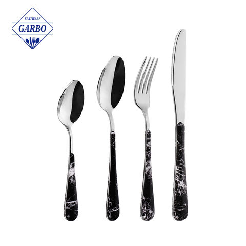 Set Sendok Garpu Stainless Steel Terjangkau dengan Gagang Plastik Pola Berwarna Lucu