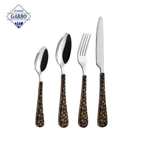 Amazon Vintage Golden Plastic Handle Hot Selling Mirror Stainless Steel Cutlery Flatware Set