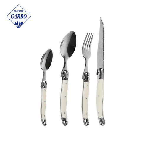 Amazon Vintage Golden Plastic Handle Hot Selling Mirror Stainless Steel Cutlery Set Sendok Garpu