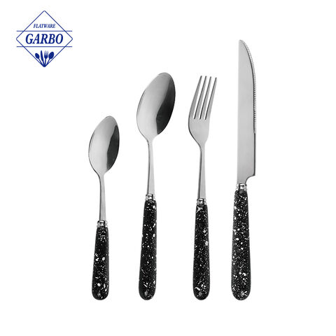 Amazon Vintage Golden Plastic Handle Hot Selling Mirror Stainless Steel Cutlery Set Sendok Garpu