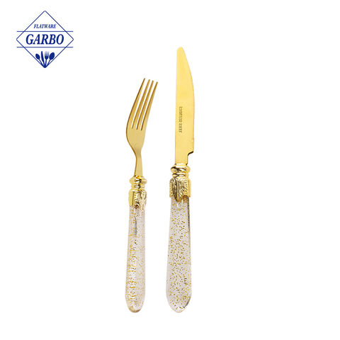 Stainless Steel Gold Dinner Fork and Knife Set with Innovative Plastic Handles
