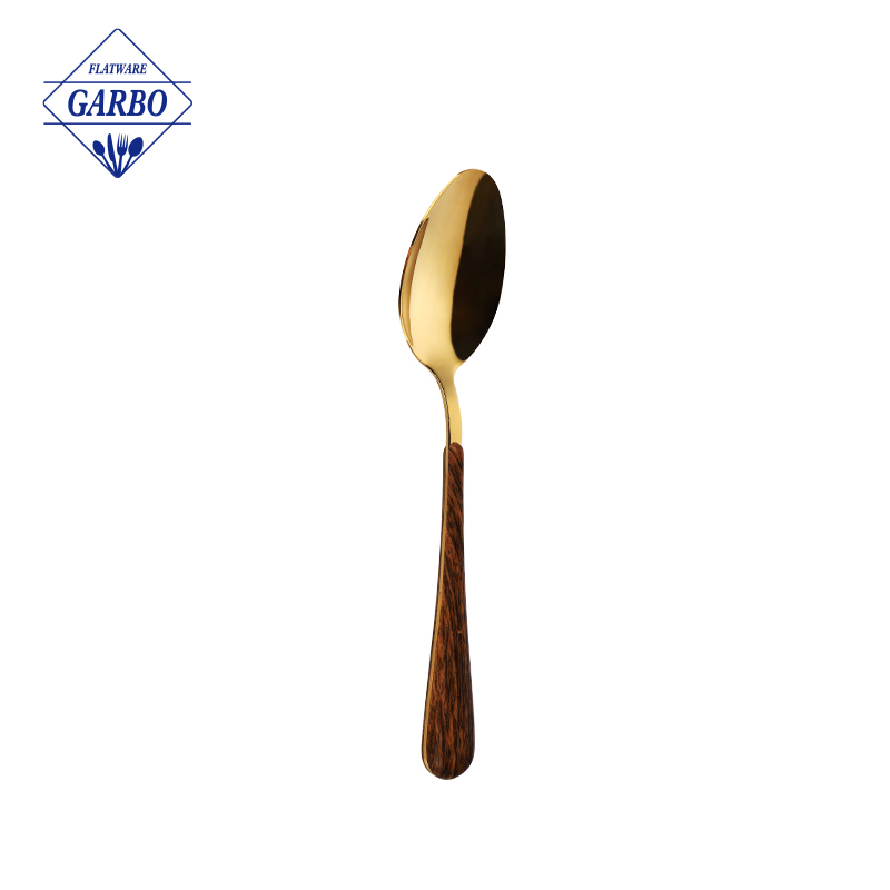 wooden pattern plastic handle stainless steel flatware dinner spoon