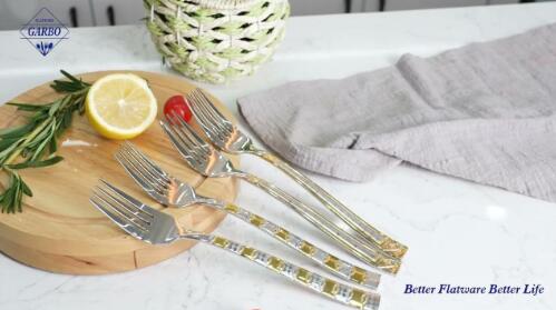 wholesale 201 stainless steel dinner fork with gold engraved and laser pattern handle