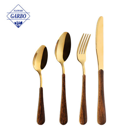 Grosir Desain Baru Fancy Shinning Plastic Handle Mirror Stainless Steel Cutlery Set