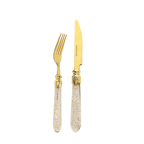Mango de plástico de lujo Tenedor de acero inoxidable de color dorado PVD
