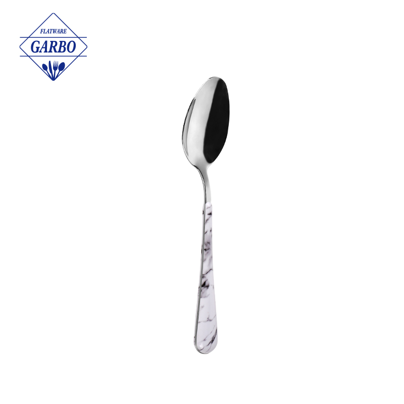 Amazon Best Selling Silvery Mirror Stainless Steel Dinner Spoon with Marble Plastic Handle