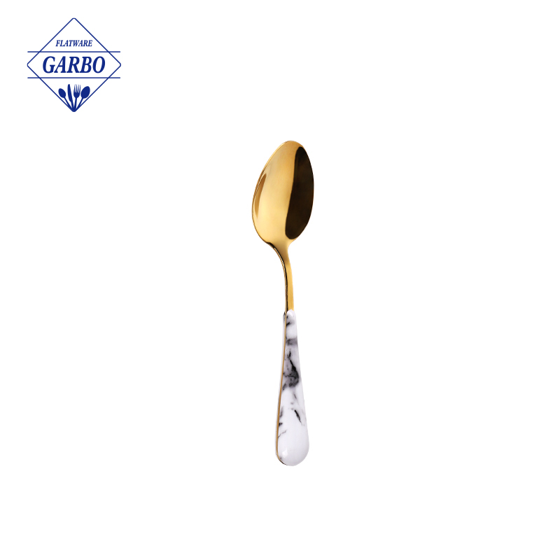 亚马逊最畅销银色镜面不锈钢餐勺带大理石塑料手柄