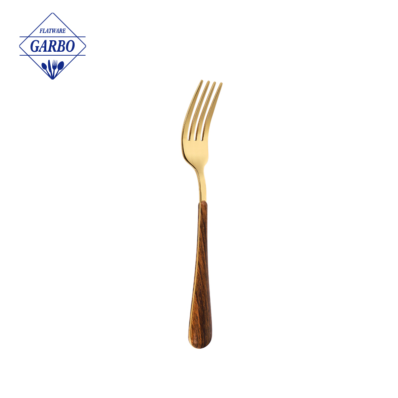 Tenedor plateado de la cena del acero inoxidable de la manija plástica del grano de madera del vendedor superior de Amazon